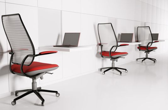 Workplace in white. Laptops,chairs,tables 3d