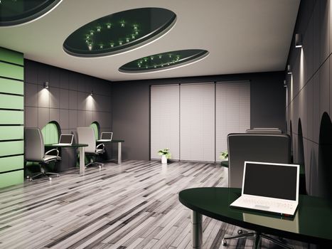 Computer office interior with laptops 3d render