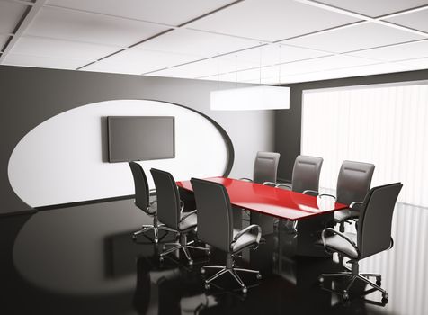 conference room with lcd and red table 3d render