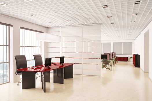 Modern office with computers interior 3d render