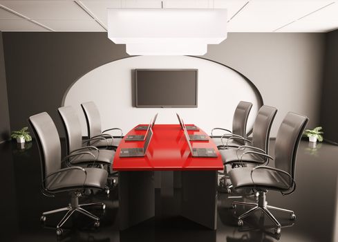 conference room with lcd and laptops on red table 3d render