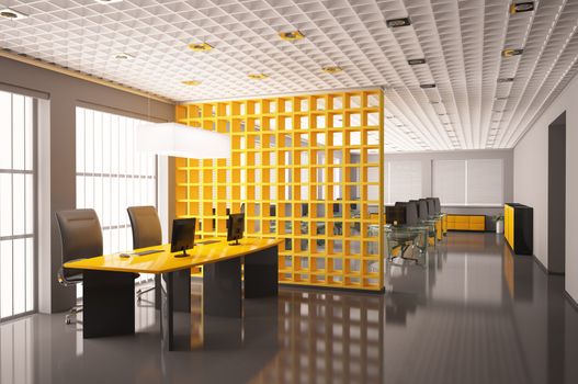 Modern office with computers interior 3d render