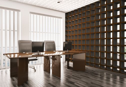 Modern office with computers interior 3d render