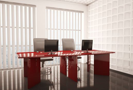 Modern office with computers interior 3d render