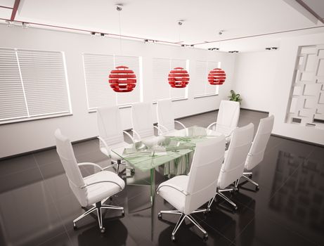 Modern boardroom with glass table interior 3d