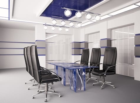 Modern boardroom with blue glass table interior 3d