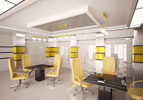 Modern boardroom with yellow chairs interior 3d