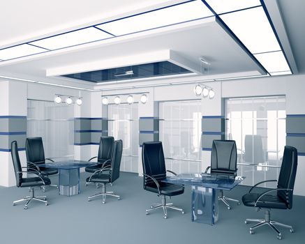 Modern boardroom with glass tables interior 3d