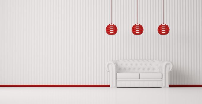 White sofa in white room with red plinth and lamps interior 3d