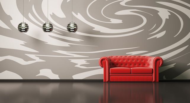 Red sofa in room with pattern on the wall interior 3d