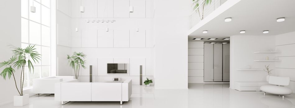 Interior design of modern white apartment panorama 3d render