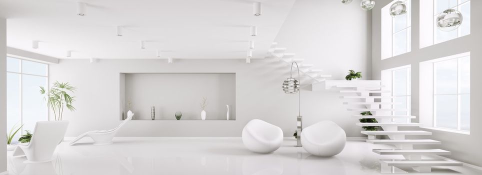 White interior of modern apartment living room panorama 3d render