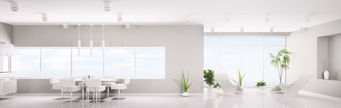 Modern interior design of white apartment panorama 3d render