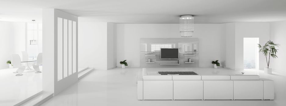 Interior of white modern apartment panorama 3d render