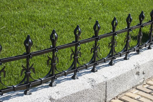 Iron black old decorative ornamented fence, stone border, green grass