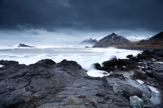 twilight arctic coast in the east fjords in iceland