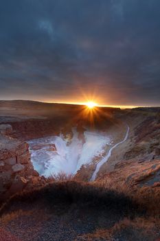 Gullfoss waterfall at sunset in Iceland during winter