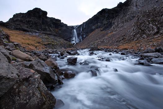 Icey waterfall in the east fjords in iceland