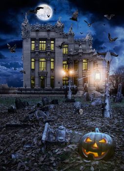 Halloween, Jack o' lantern in a night cemetary