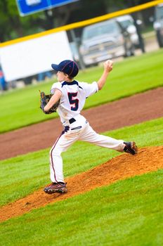 Youth baseball player pitching on the mound.