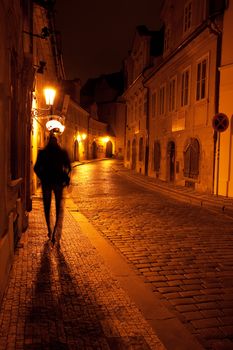 a beautiful night view of the street and the shadow of a man in Prague