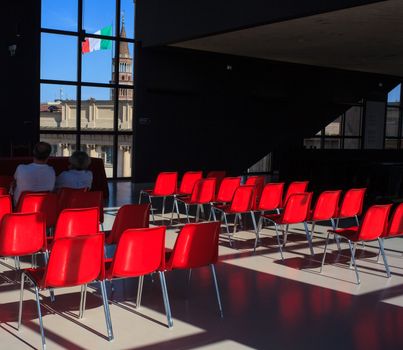 View of red chairs for conference room