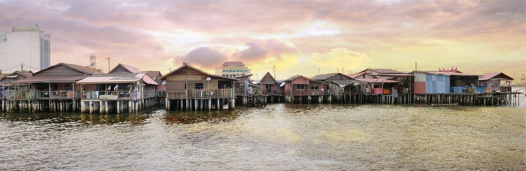Chew Jetty Heritage Site in Penang Malaysia at Sunrise Panorama