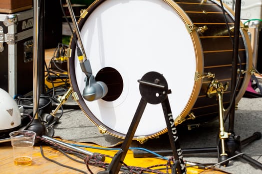Close up of Drum and microphone ready for concert