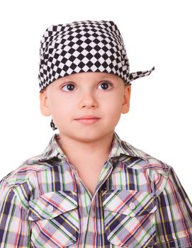 Portrait of a preschool kid in bandanna and shirt, isolated on white 