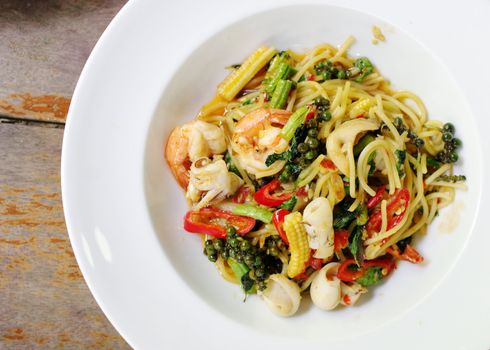 Spicy seafood spaghetti, Italian food in Thai style
