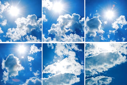 Collection of blue sky with thick clouds on a sunny day.