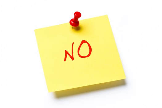 Yellow sticky note isolated on a white background with the word No