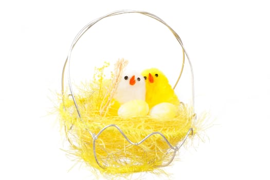 yellow easter decoration with birds on white background
