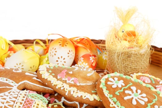 collection of easter ginger breads and painted eggs