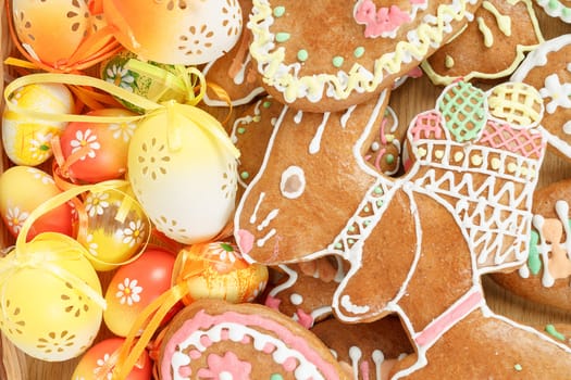collection of easter ginger breads and painted eggs