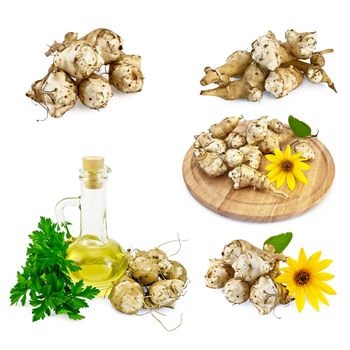 Jerusalem artichoke tubers, yellow flowers, round wooden board, a bottle of vegetable oil, parsley isolated on white background