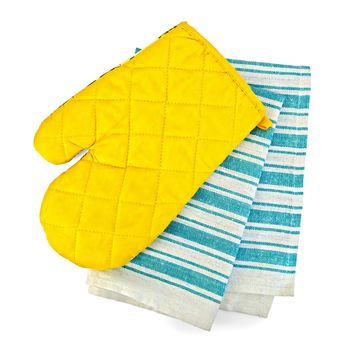 Kitchen towel, yellow potholder in the form of mitten isolated on white background