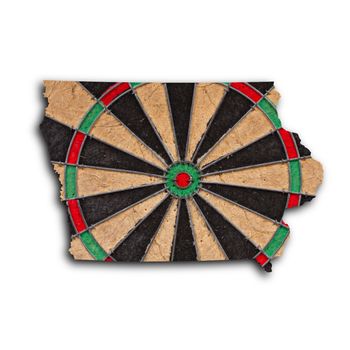 Map of Iowa, filled with a dartboard with bullseye