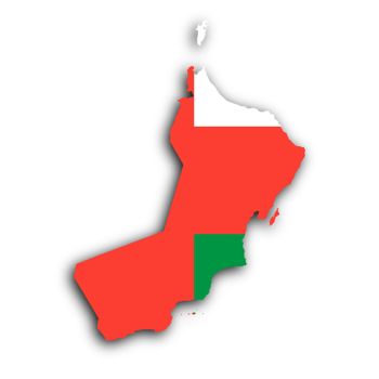 Map of Oman filled with the national flag