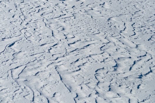 Close up of white snow surface, winter sunny day