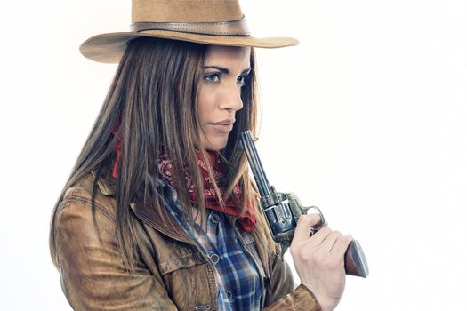 Attractive cowgirl on white background