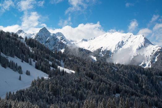 Ski resort in the Alpes in a valley of Montafon