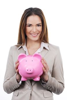 picture of lovely woman with piggy bank 