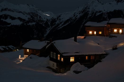 Ski village at night high on the mountains in Montafon, Austria