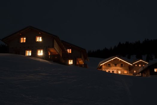 Ski village at night high on the mountains in Montafon, Austria