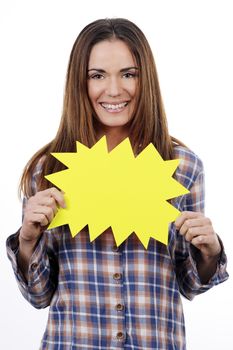 woman holding yellow panel isolated on white background
