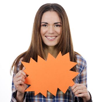 woman holding orange panel isolated on white background