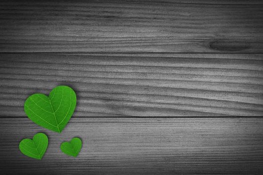 Green Pedal shaped hearts lying on a old piece of wood. 