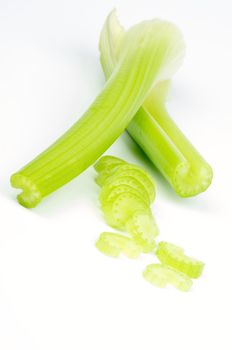 Arrangement of Celery Stalks and Rings isolated on white background