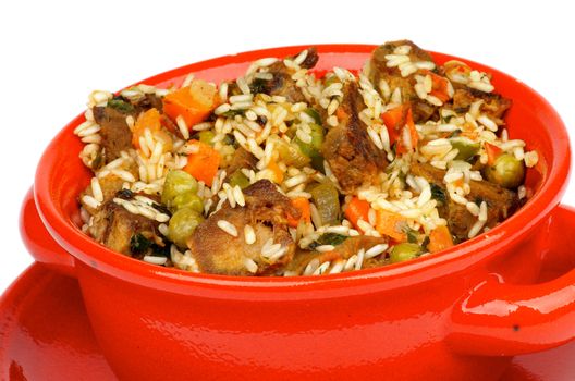 Red Bowl of Stir-Fried Beef with White Rice, Carrot and Green Pea closeup on white background